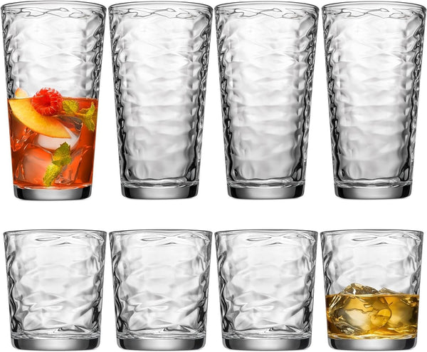 Glaver's Glassware Drinking Glasses Set of 8-4 Highball Glasses 17 oz. and 4 Rock Glasses 13 oz. Origami Kitchen Glass Cups for Water, Juice, and Cocktails, Dishwasher Safe.
