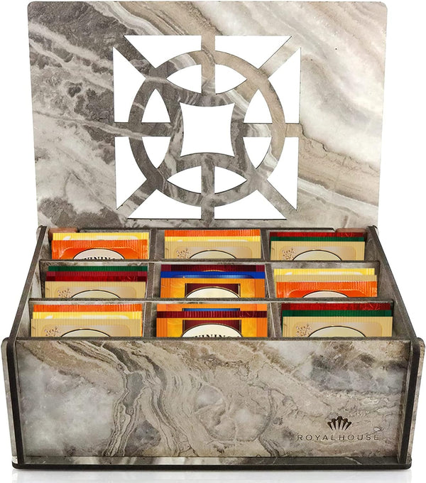 RoyalHouse Premium Wood (Hard MDF) Tea Storage Box Organizer (Grey Marble), Eco-Friendly Multi-Functional Decorative Box, 9 Compartments For Assorted Variety Of Tea Bags and Small Items