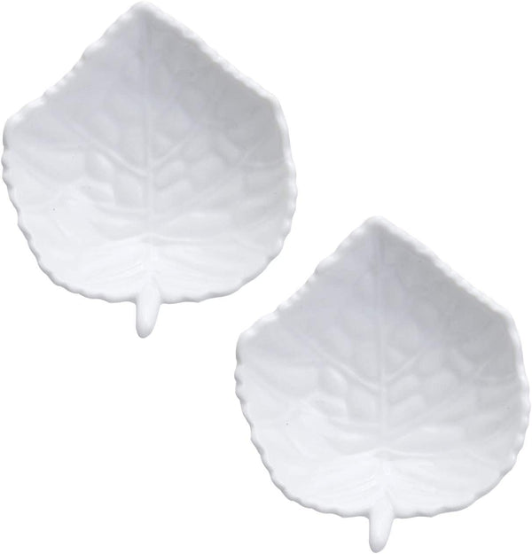 HIC Kitchen Tea Bag Holder Resting Caddy, Fine White Porcelain, Leaf Design, Set of 2