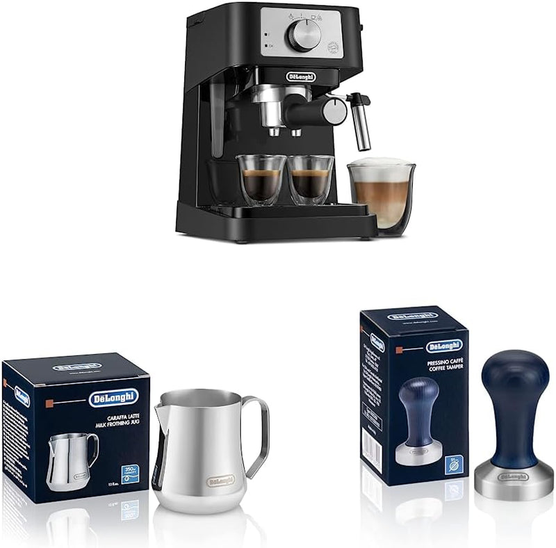 De'Longhi Stilosa Manual Espresso Machine, 13.5 x 8.07 x 11.22 inches & Stainless Steel Milk Frothing Pitcher, 12 ounce (350 ml), 12 oz & Double Walled Thermo Espresso Glasses, Set of 2