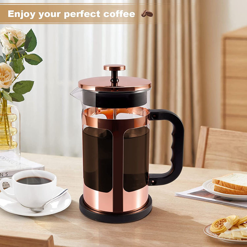 French Press Coffee Tea Maker， Upgrade Heat Cold Resistant Thickened Glass with 4 Level Stainless Steel Filtration System Brew Coffee & Tea， BPA Free, Large 1000ml 34oz,Rose Gold