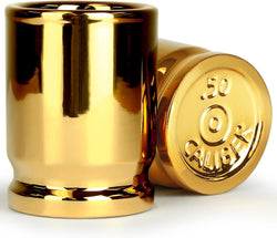 Barbuzzo ORIGINAL 50 CAL SHOT GLASSES, Set of 2, American Owned & Designed, Unique Gag Gifts, Man Cave Gifts, and Gifts for Men, Each Gold Shot Glass Holds 2 Ounces