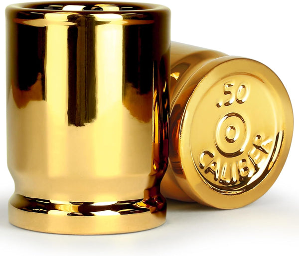 Barbuzzo ORIGINAL 50 CAL SHOT GLASSES, Set of 2, American Owned & Designed, Unique Gag Gifts, Man Cave Gifts, and Gifts for Men, Each Gold Shot Glass Holds 2 Ounces