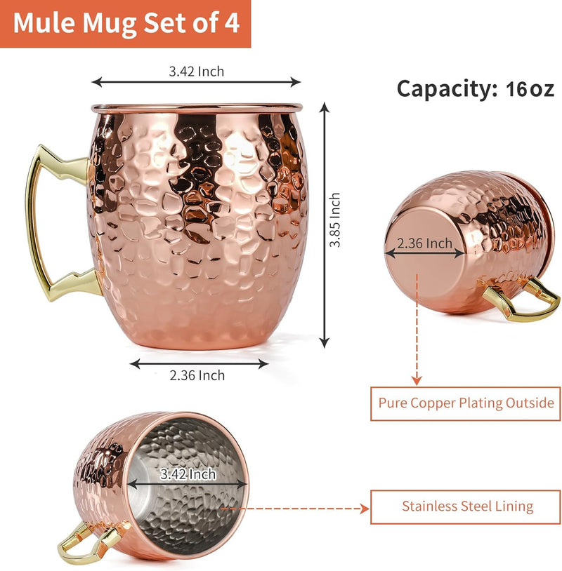 Amrules Moscow Mule Mugs Set of 4, 16 oz Hammered Copper Cups with 304 Stainless Steel Lining and Gold Brass Handles, Perfect for Cold Drinks, Beer, Wine, Bars, Parties, Gifts