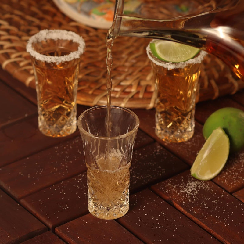QUAFFER Tequila Glasses Heavy Base Shot Glass Cordial Glasses 2oz (Set of 4) – Classic Shape Elegant Patterned Glass - Authentic Tequila Shot Glass Set –– Perfect for Parties, Bars, Events, Home Bar