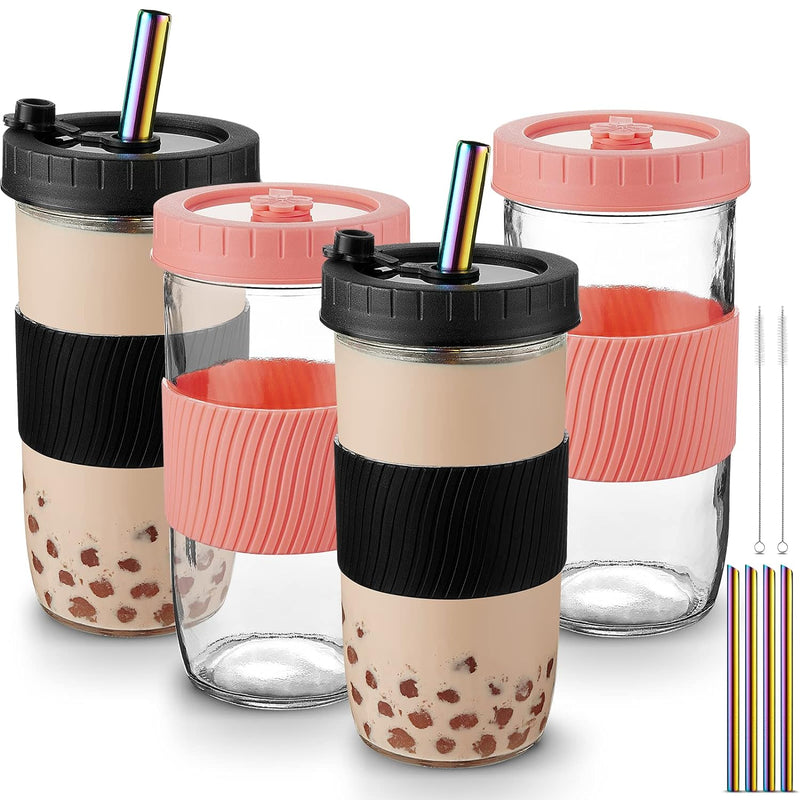 Mfacoy (4 Pack x 2 Size Reusable Boba Cup, 24oz & 16oz Bubble Tea & Smoothie Cups with Lids and Stainless Straws, Wide Mouth Mason Jar Drinking Glasses with Silicone Sleeve for Travel