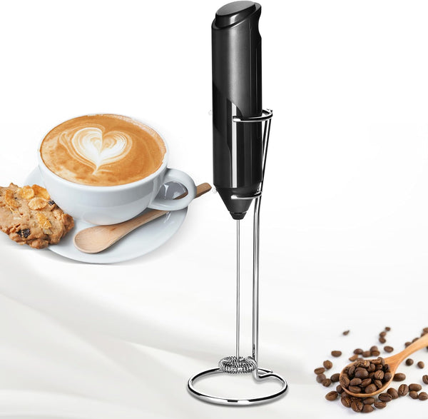 HealSmart Milk Frother Handheld, Battery Operated Whisk Maker with Stainless Steel Stand Hand Drink Mixer for Coffee, Lattes, Cappuccino, Matcha, Black