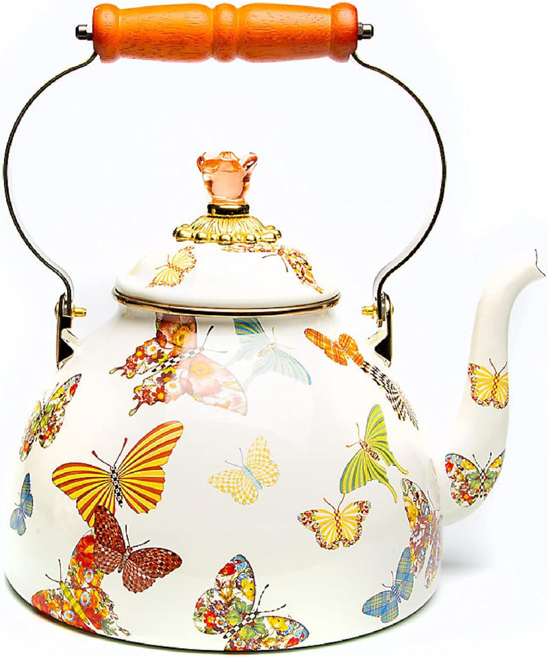 MacKenzie-Childs Sterling Check Enamel Tea Kettle, Decorative Tea Kettle, 2-Quart Capacity