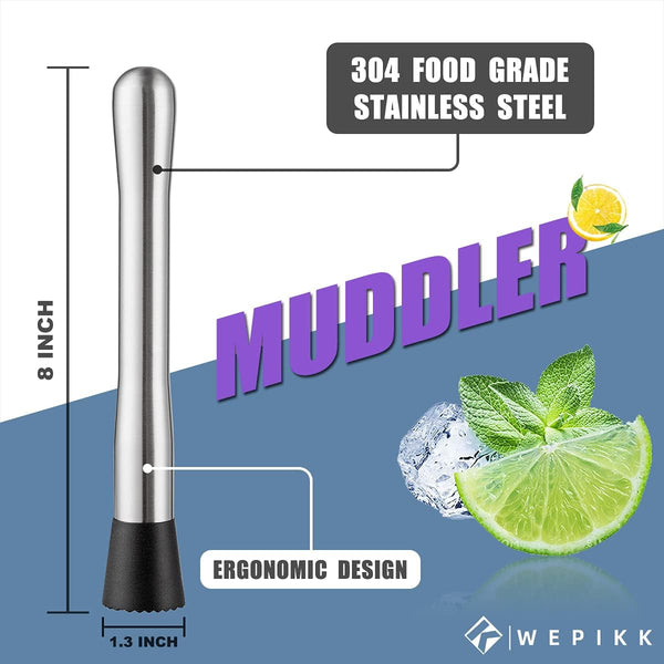 Wepikk Cocktail Muddler Stainless Steel 8 Inch Fruit Ice Crusher Bar Tools Bartender Set 1 Pcs for Mojito Mint and Other Fruit Based Drinks