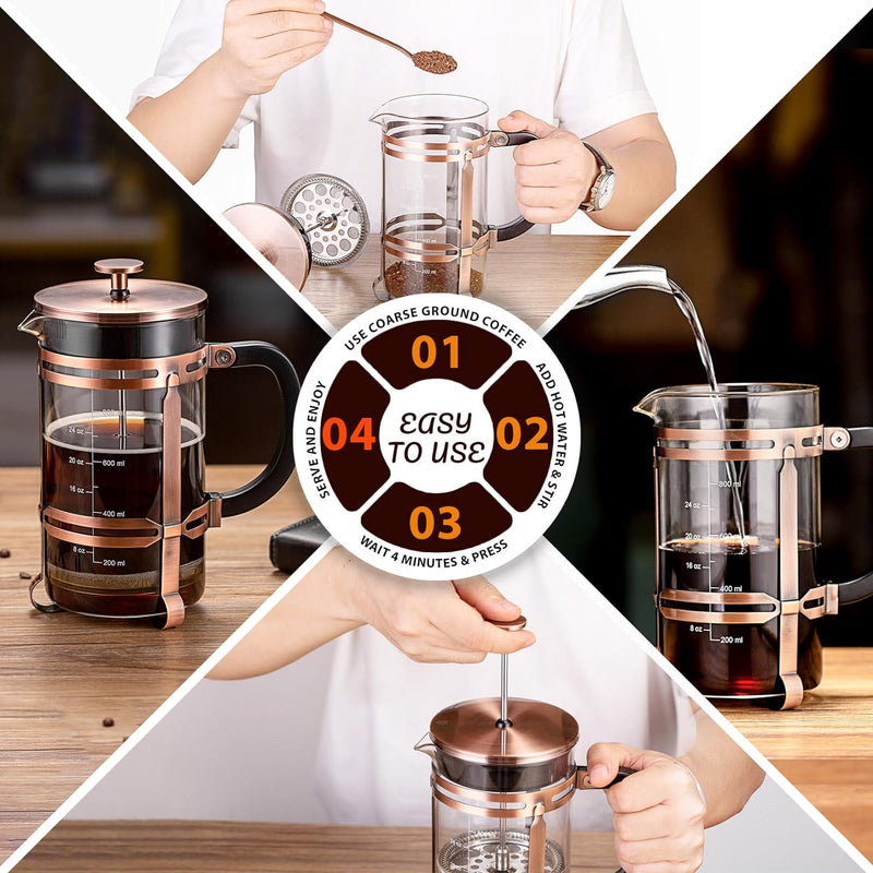 French Press Coffee Tea Maker（34oz）,304 Stainless Steel Coffee Press with 4 Filters Screen-100% No Residue -German Heat-Resistant Borosilicate Glass- BPA FREE -Dishwasherable，Copper