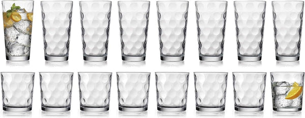 Drinking Glasses Set Of 16 - By Home Essentials & Beyond - 8 Highball Glasses (17 oz.), 8 Rocks Whiskey Glass cups (13 oz.), Inner Circular Lensed Glass Cups for Water, Juice and Cocktails.