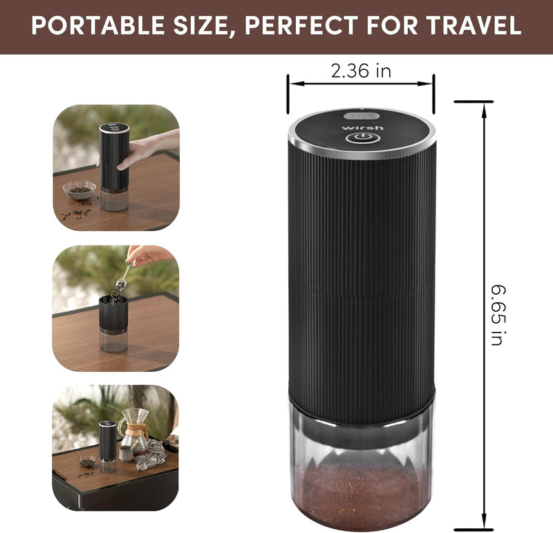 Wirsh Burr Coffee Grinder-Rechargeable Battery Operated Coffee Grinder with Stainless Steel Conical Burr Mill, Eletric Portable Coffee Grinder with 80 Grind Settings from Fine to Coarse