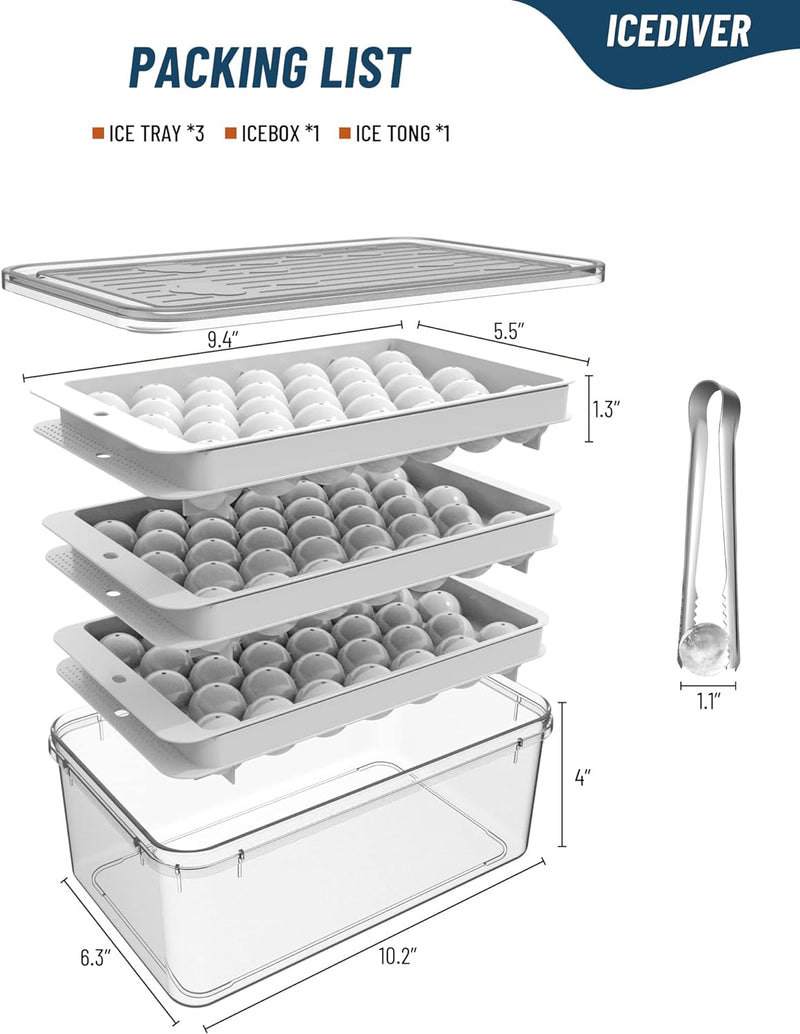 Icediver Ice Cube Tray, Circle Ball Ice Trays for Freezer with Lid & Bin, Sphere Ice Cube Mold Making 99 x 1.0IN Small Round Ice Cubes(Updated White Ice Trays, 1 Ice Bucket & Tong)