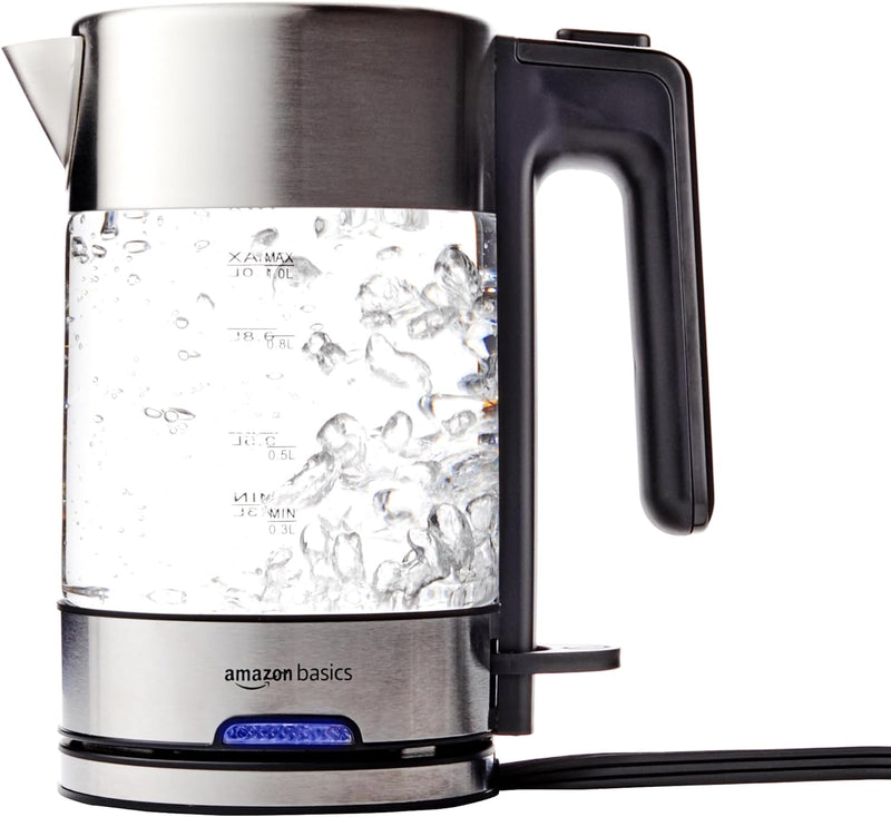 Amazon Basics Electric Glass and Steel Hot Tea Water Kettle, 1.7-Liter, Black and Sliver