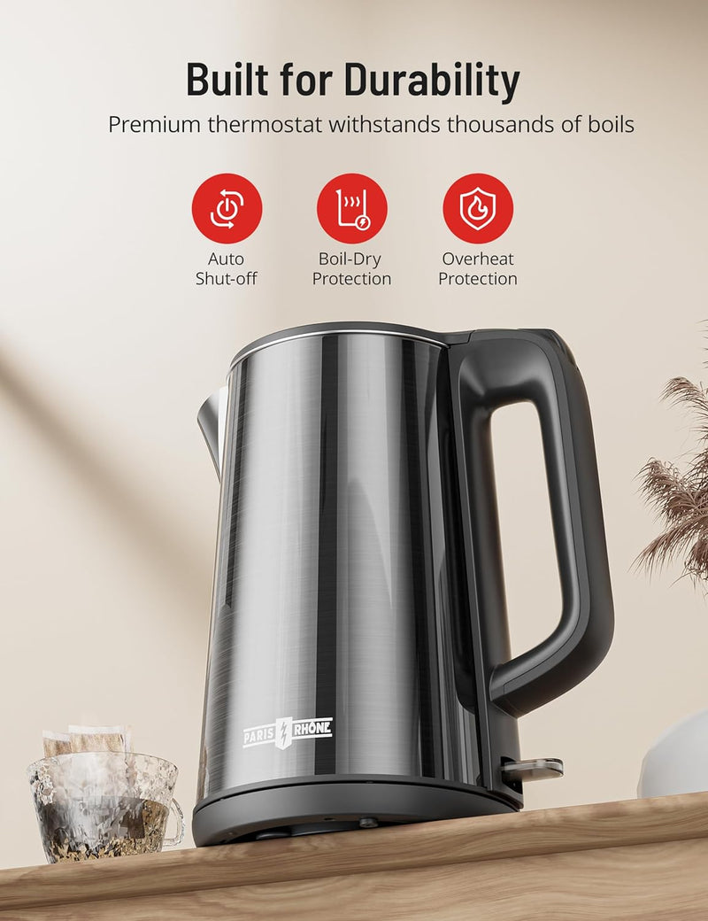 Electric Kettle, Paris Rhône 1.7L Electric Tea Kettle for Boiling Water with Stainless Steel Double Wall, 1500W Hot Water Kettle Electric, Splash-Proof Design Lid, Auto Shut Off & Boil-Dry Protection