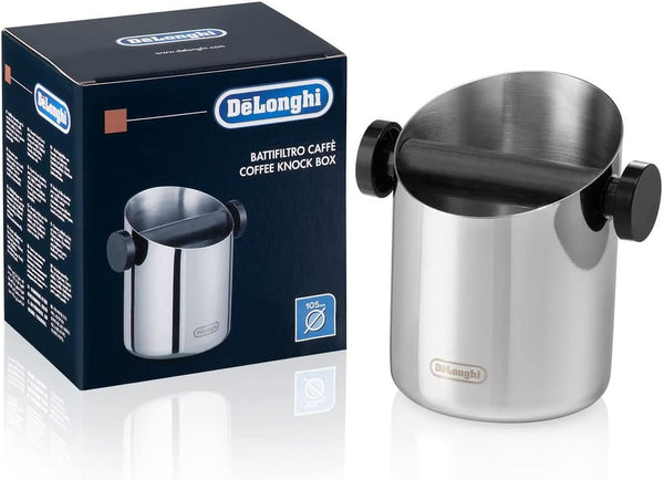 De'Longhi Knock Box for Coffee & Espresso Grounds, Easy & Mess-Free Disposal of Coffee Puck, Removable Bar and Non-Slip Base, Dishwasher Safe, Stainless Steel, 4-inch diameter,Silver