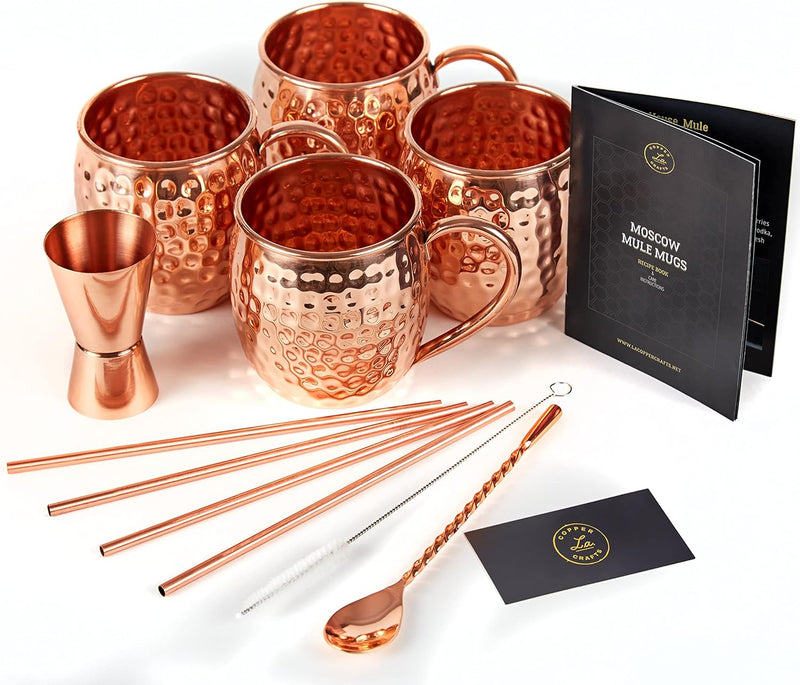 ALARUE Moscow Mule Copper Mugs Set - 4 Authentic Handcrafted Mugs (16 oz.) with 4 Copper Straws, Stirrer and Jigger - Food Safe Pure Solid Copper - Gift set with Recipe Book