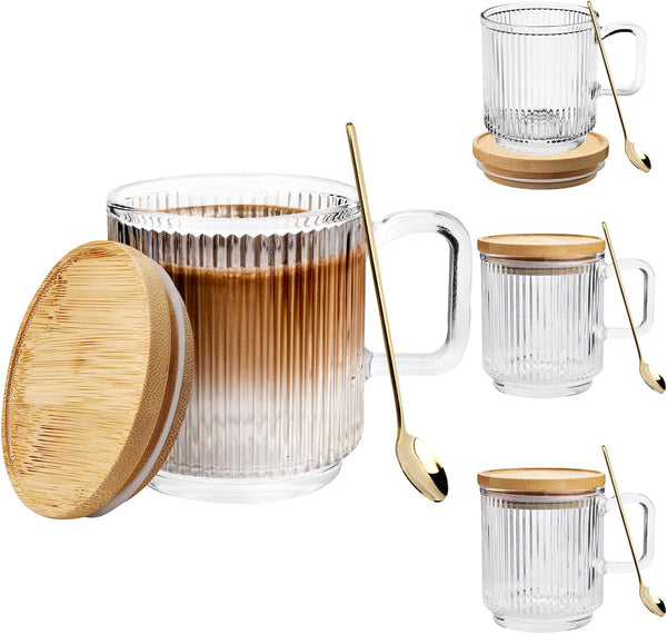 Rechano [4 Pack, 12 oz] Glass Coffee Mugs with Lids and Spoon, Ribbed Drinking Glass, Vertical Stripes Glass Tea Cup, Coffee Bar Accessories, Iced Coffee Glasses, Ideal for Cappuccino, Latte, Tea