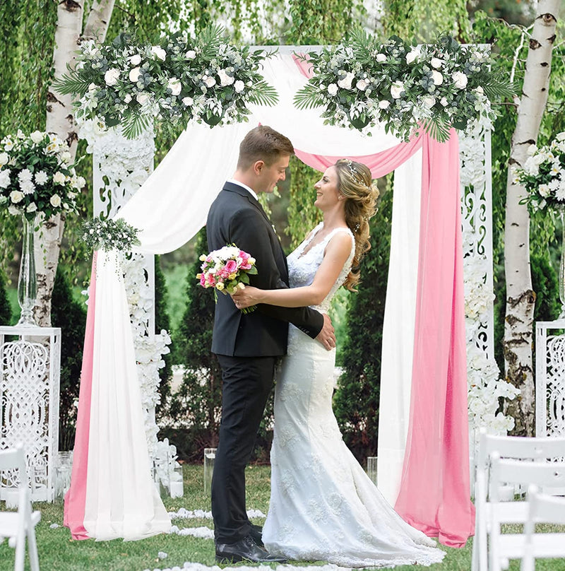Chiffon Wedding Arch Drapes with Flowers - 2 Panels 6 Yards WhitePink