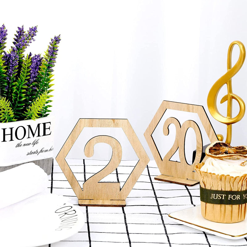 40 Pieces Wooden Table Numbers Hexagon Shape Table Numbers for Wedding Reception 1-40 Wood Numbers with Holder Base Standing Wood Wedding Decorations Rustic Wooden Numbers for Wedding Event Party