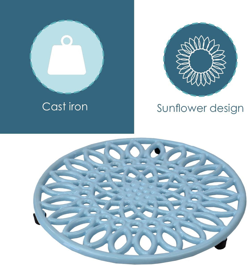 Home Basics Sunflower Collection Heavy-Duty Cast-Iron Trivet for Serving Hot Dish, Pot, Pans & Teapot on Kitchen Countertop Dinning Heat Resistant, Light Blue