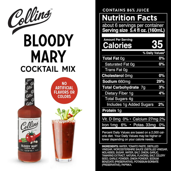 Collins Classic Bloody Mary Mix, Made With Tomato, Garlic, Worcestershire Sauce and Spices, Brunch Cocktail Recipe Ingredient, Bartender Mixer, Drinking Gifts, Home Cocktail bar, 32 fl oz