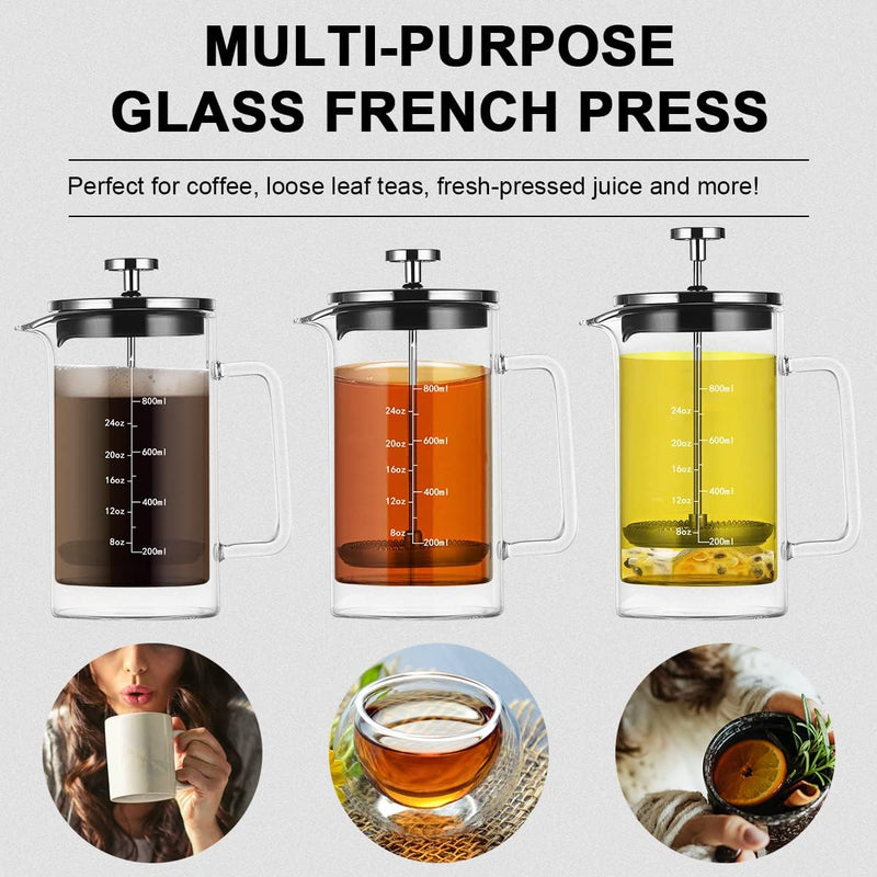 Upspirit French Press Coffee Maker, Coffee Presses Glass Double Wall Insulated Hot Cold Brew Coffee Tea Maker, 6 Cup Espresso Pot With 3 Filters, 27oz/800ml