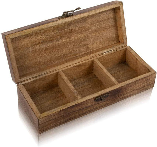 Decorative Wooden Tea Box Storage Chest Organizer Container Holder Rack With 3 Large Storage Compartments For Assorted Variety Of Loose Tea Spices & Herbs Natural Eco Friendly Vintage Rustic Tea Box