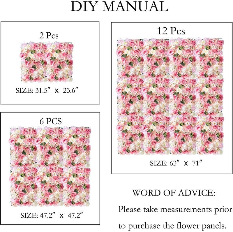 NUPTIO 6-Pc Flower Wall Panel Set - White  Pink Faux Rose Backdrop for Events and Decor