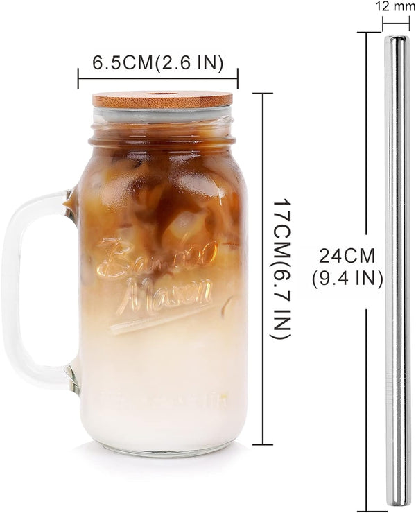 ANOTION Mason Jar with Lid and Straw, 24oz Regular Mouth Mason Jars with Handle Drinking Glasses Tumbler Reusable Boba Cups Smoothie Water Bottles for Iced Coffee (Classic 2 cups Style)
