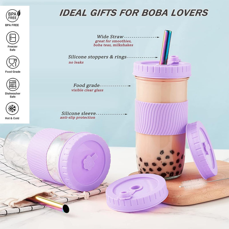 Amyoole 2 Pack Reusable Boba Cup,24Oz Wide Mouth Smoothie Cup,mason Jar Glass Cups with Lids and Straws,Bubble/Boba Tea Cups,Ice Coffee Tumbler 2 colored straws 1 sponge brush(Purple)