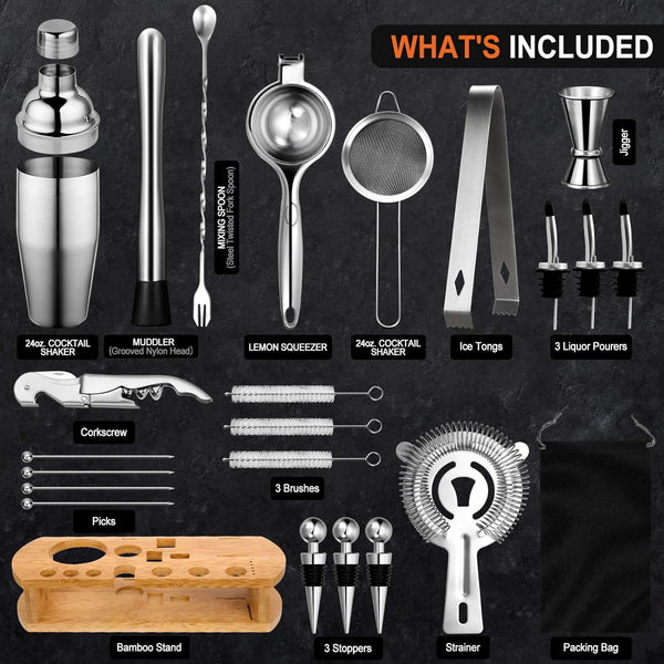 24-Piece Cocktail Shaker Bartender Kit with Stand, 24 oz Martini Shaker, Mixing Spoon, Muddler, Measuring Jigger, Lemon Squeez, Tongs, Corkscrew, Liquor Pourers and More Professional Bar Tools