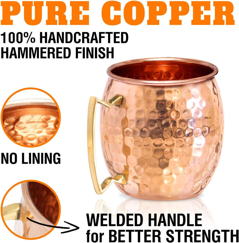 Benicci Moscow Mule Copper Mugs - Set of 4-100% HANDCRAFTED - Food Safe Pure Solid Copper Mugs - 16 oz Christmas Gift Set with Premium Quality Cocktail Copper Straws and Jigger!