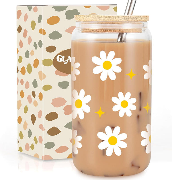 GSPY Daisy Iced Coffee Cup, 16oz Glass Cups with Lids and Straws, Daisy Gifts for Women - Flower Mug Aesthetic Glass Tumbler, Cute Mugs for Women - Christmas Gifts for Coffee Lovers