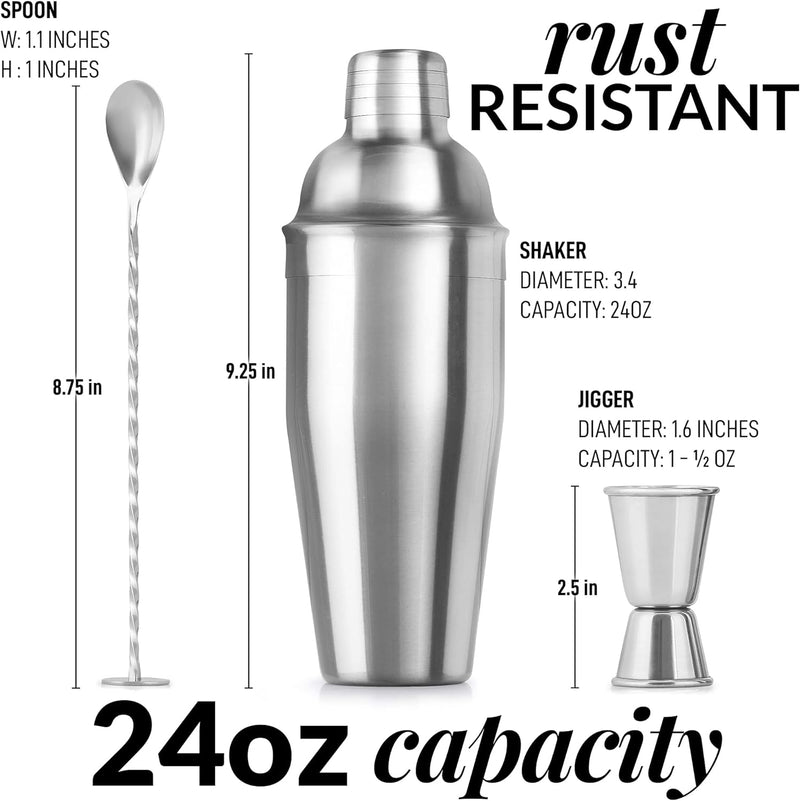 Large 24 oz Stainless Steel Cocktail Shaker Set - Mixed Drink Shaker - Martini Shaker Set with Built in Strainer, Double Sided Jigger & Combo Muddler Mixing Spoon - Pro Margarita Shaker - by Zulay