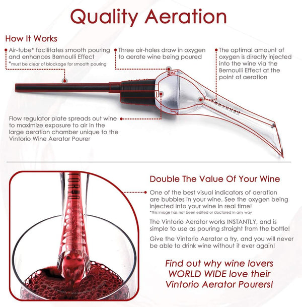 Vintorio Wine Aerator Pourer - Premium Aerating Pourer and Decanter Spout (Silver)
