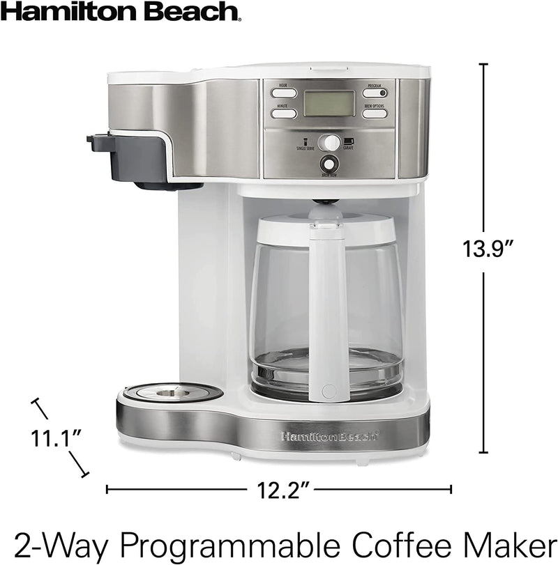 Hamilton Beach 49933 2-Way 12 Cup Programmable Drip Coffee Maker & Single Serve Machine, Glass Carafe, Auto Pause and Pour, White