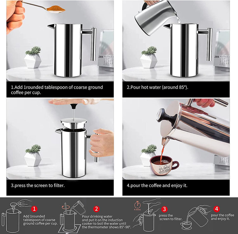 BAERFO French Press Coffee Maker, 304 Grade Stainless Steel Insulated Coffee Press with 2 Extra Screens with 1 Thermometer, 34oz (1 Litre), Silver