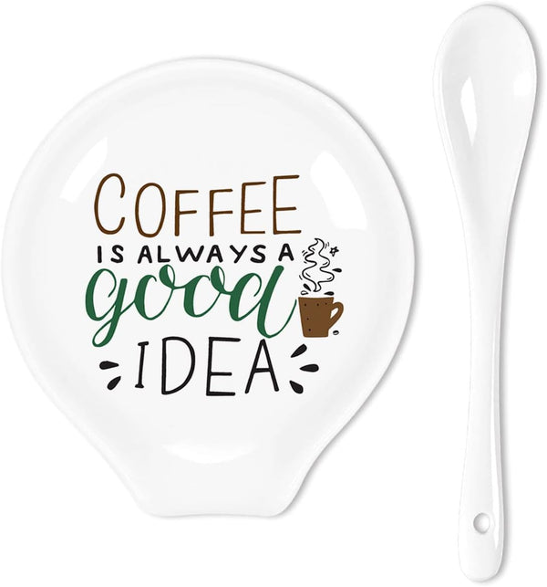 Uhealik Funny Coffee Quote Colored Pattern Ceramic Coffee Spoon Holder-Coffee Spoon Rest -Coffee Station Decor Coffee Bar Accessories-Coffee Lovers Gift for Women and Men-Coffee is Always A Good Idea