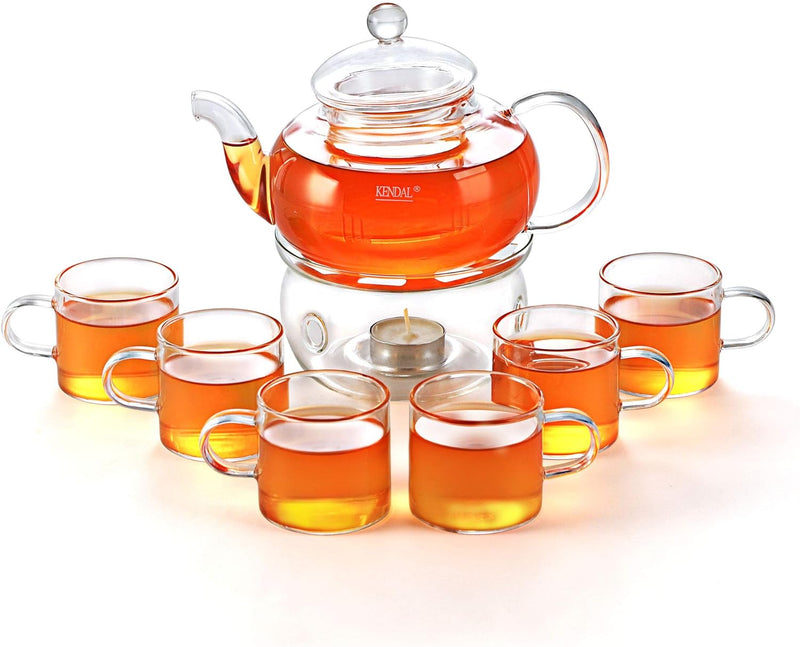 27 oz Glass Teapot Set Stovetop Safe Tea Infuser Maker with a Candle Warmer and 6 Double Wall Teacups，Blooming & Loose Leaf Tea Pot CJ-800ml