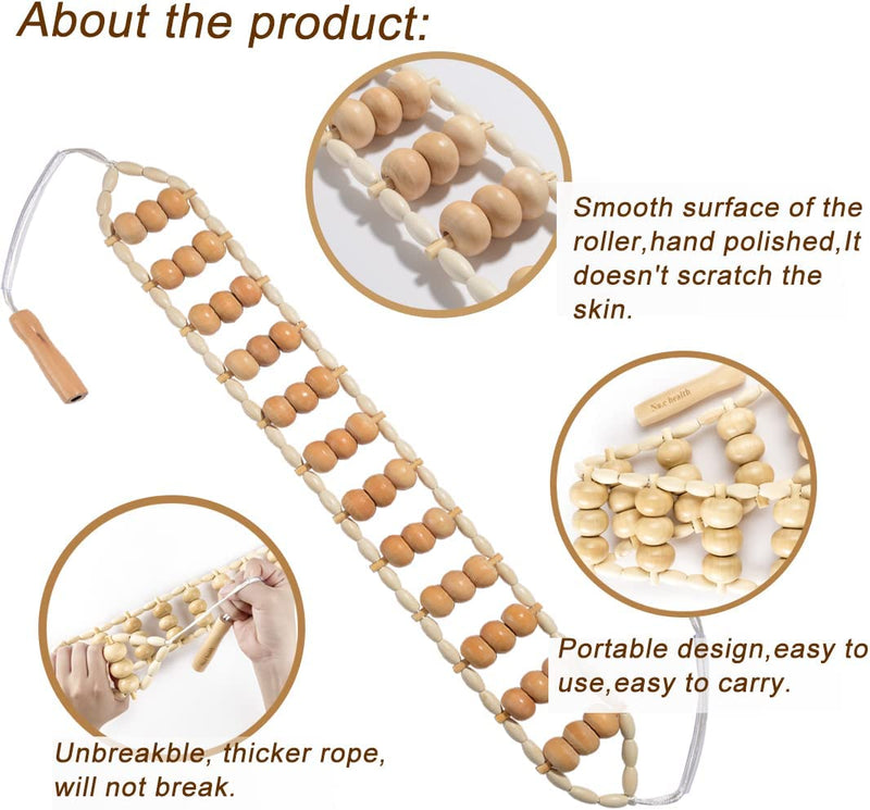 Wood Back Massage Roller Rope, Wood Therapy Cellulite Self Massage Tools for Back Neck Leg Pain Relief