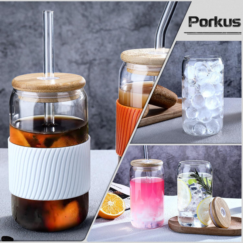 Porkus Glass Cups with Lids and Straws 4pcs,Glass Iced Coffee Cups with Lids 16oz-Drinking Glasses,Cute Cups Glass Coffee Cups with Silicone Sleeve/Stickers