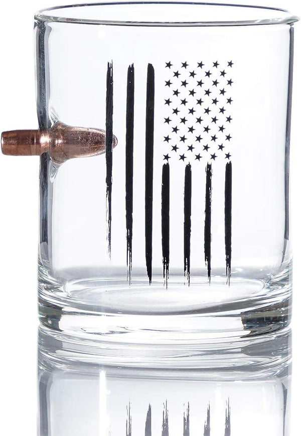 Real Projectile American Flag Whiskey Rocks Glass – Hand Blown Glasses – 8 Oz Old Fashioned Glass for Scotch, Bourbon or Whiskey – .308 Bullet Whiskey Glass