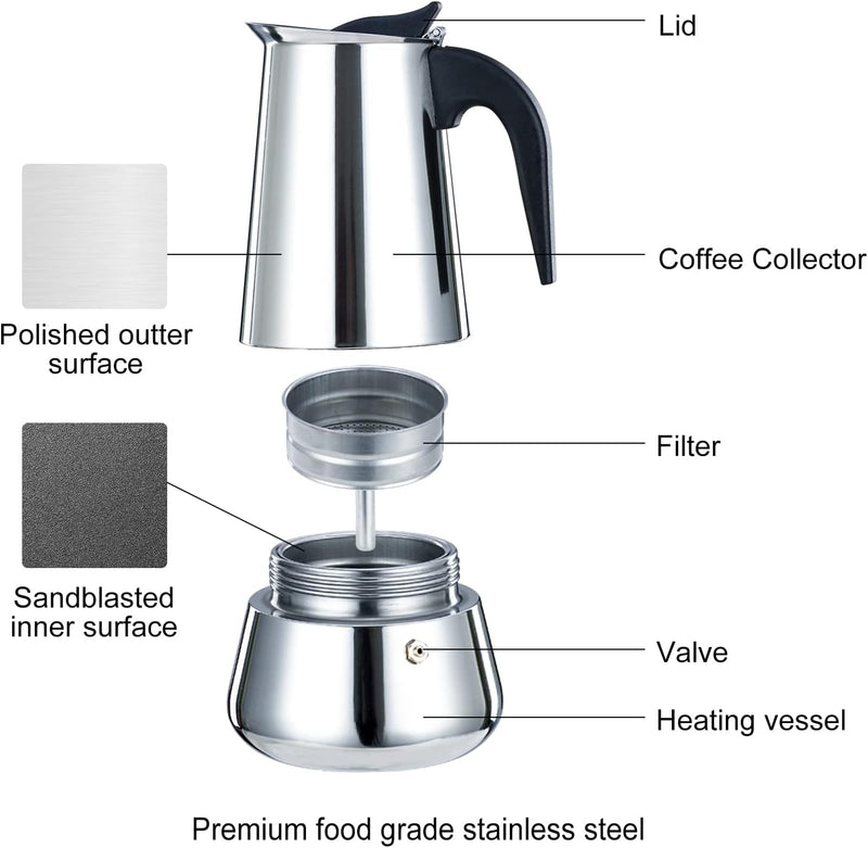 Simyolife Stovetop Espresso Maker Stainless Steel Italian Coffee Maker Moka Pot Induction-Capable Moka Coffee Machine Cafe Percolator Maker, Silver (12-Cups, 20oz/600ML)-Mother's Day Gifts