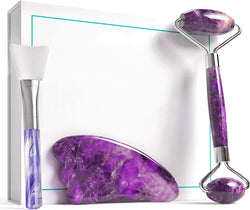 Authentic Amethyst Roller and Gua Sha Set - Jade Roller for Face - Face Roller: 100% Natural Amethyst - Face Massager, Facial Roller for Skin, Eyes, Neck - Authentic, Durable, Natural, No Squeaks