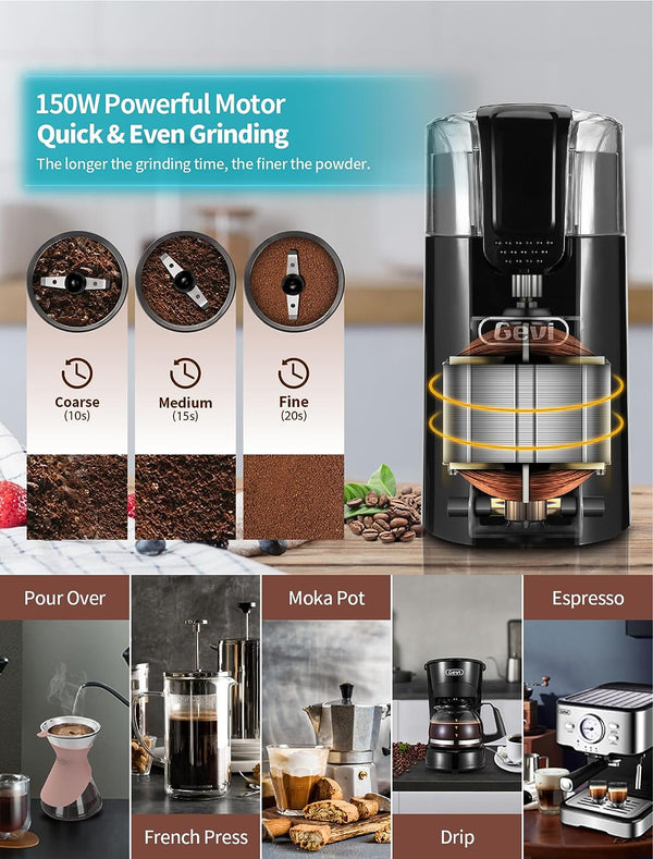 Gevi One-Touch Button Electric Coffee Grinder Coffee Bean Grinder for Coffee Espresso Latte Mochas, Noiseless Operation Coffee Serving Sets