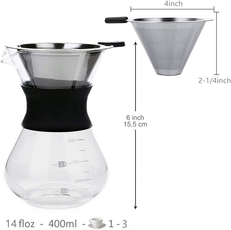 XIYUAN Pour Over Coffee Maker, Permanently Use The Pour Over Coffee Dripper Borosilicate Glass Water Bottle Coffee Pot With Stainless Steel Filter Hand Punch Coffee Pot Set 14oz / 400Ml