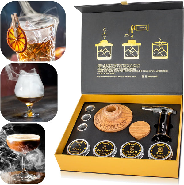 Whiskey Smoker Kit SMOKY PREMIUM, all in 1 Bar Set to easy smoke Cocktail Drinks, Whisky, Scotch, Bourbon, Old Fashioned. Designer gift box, Selected Flavors, Cocktail Recipes. Unique whiskey man gift
