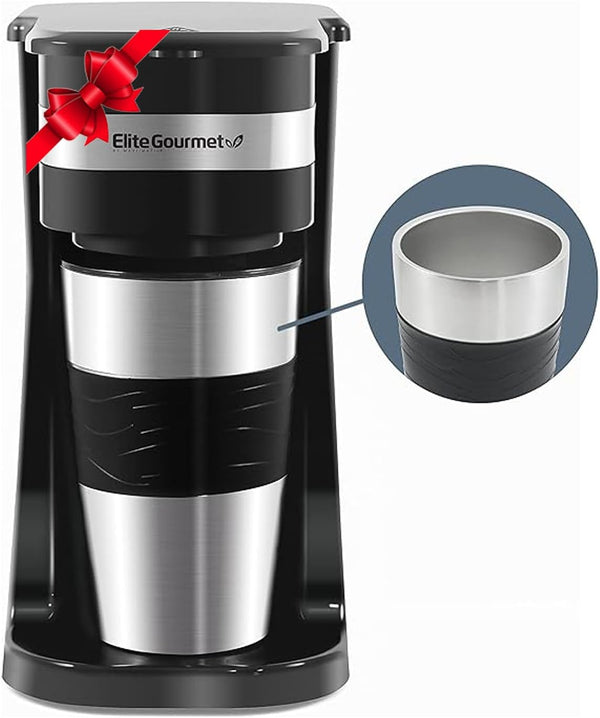 Elite Gourmet EHC111A Personal Single-Serve Compact Coffee Maker Brewer Includes 14Oz. Stainless Steel Interior Thermal Travel Mug, Compatible with Coffee Grounds, Reusable Filter, Black