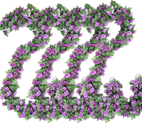 4-Piece 33 Ft Purple Rose Garland - Artificial Hanging Flower Vines for RoomWedding Decor